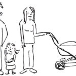 unglückliche Eltern mit Kind und Kinderwagen